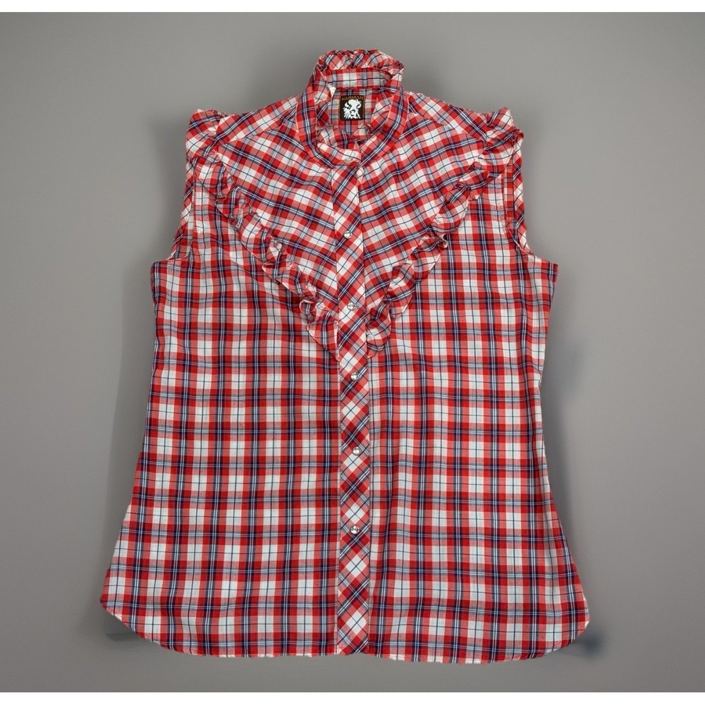 Vintage Karman 80s Plaid Sleeveless Pearl Snap Western Blouse Ruffles Size M/L